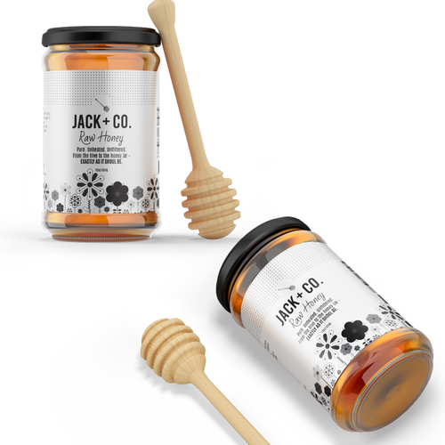 Organic food label with the title 'Jack + Co. Raw Honey'