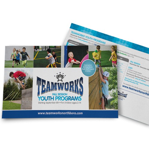 Camping design with the title 'Teamworks Youth Programs Postcard'