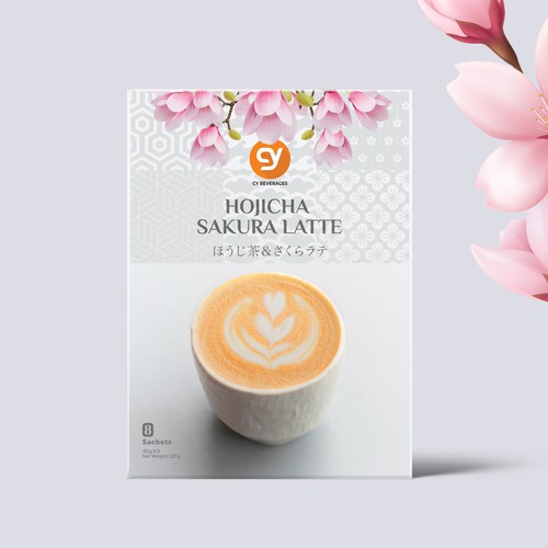 Japanese packaging with the title 'Design a premium Japanese Roasted Matcha hojicha sakura latte'