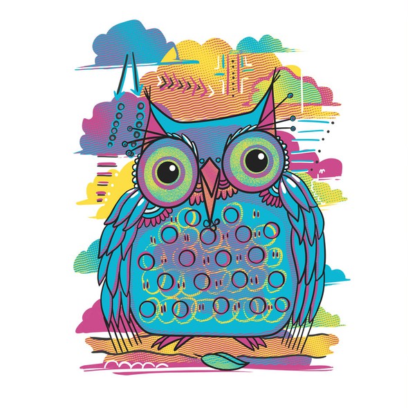Cute animal illustration with the title 'Cute owl in the sky'