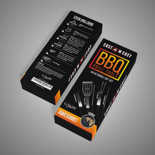 Black packaging with the title 'Packaging design for CUSTOM CHEF'