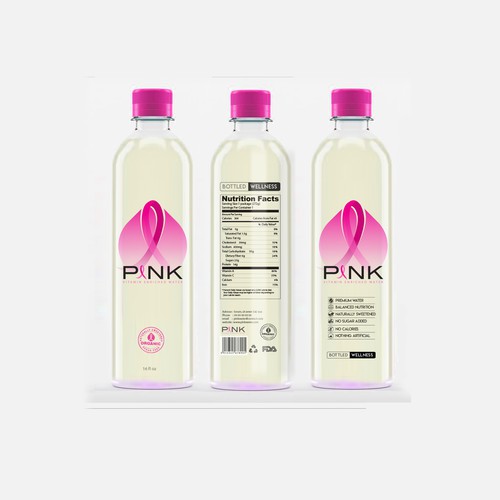 Pink label with the title ' Product Packaging for Water Beverage'
