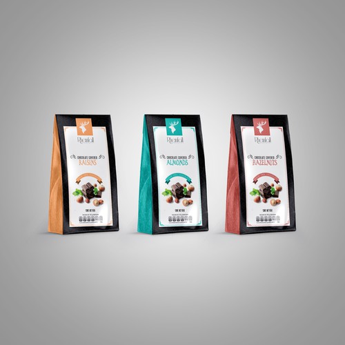 Bag packaging with the title 'Chocolate Covered Hazelnuts'