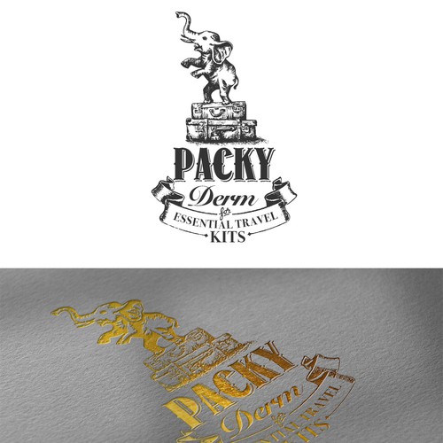 Corporate identity logo with the title 'Can you balance an elephant on a suitcase for PackyDerm?'