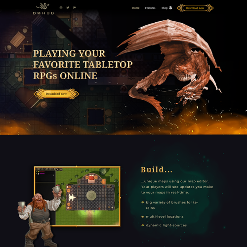 Game website with the title 'Website for a fantasy role playing game app'