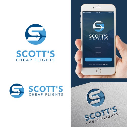 Airplane logo with the title 'Scott's cheap flights logo'