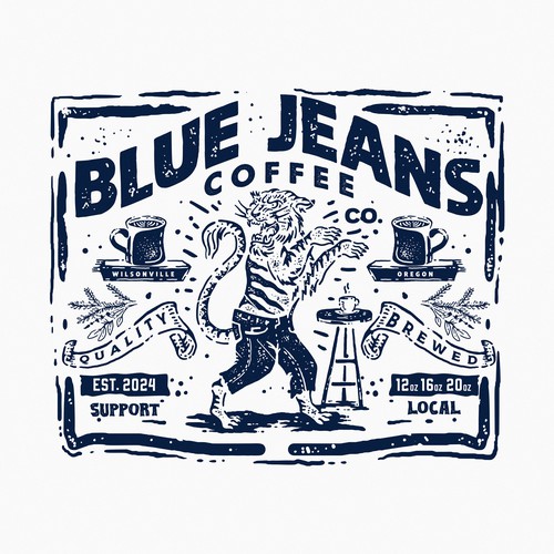 Tiger t-shirt with the title 'Blue Jeans Coffee'