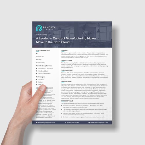 Case study design with the title 'Case Study Template for Pandata Group'