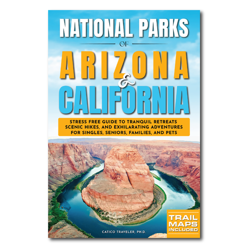 National park design with the title 'COVER BOOK FOR NATIONAL PARKS OF ARIZONA & CALIFORNIA'