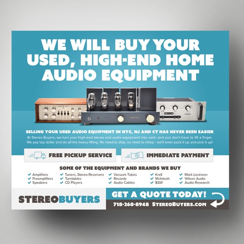 Whitespace design with the title 'Design Challenge: We buy high-end stereos - can you help us spread the word?!'