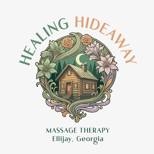 Cabin logo with the title 'Healing Hideaway'