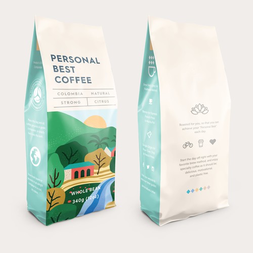 Visual design with the title 'Personal Best Coffee - Bag Design'