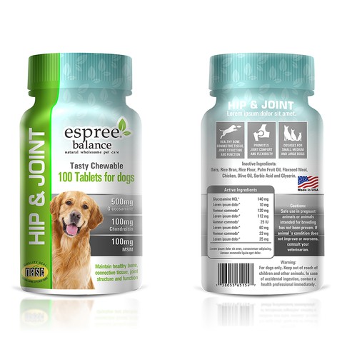 Bottle packaging with the title 'Natural Pet Supplements label'