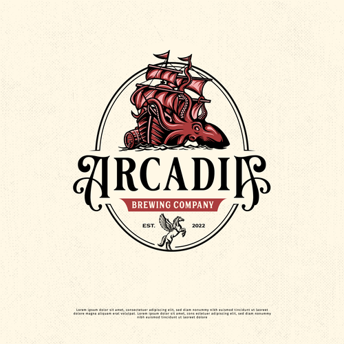 Beer brand with the title 'Greek mythology craft beer logo for Arcadia Brewing Company'