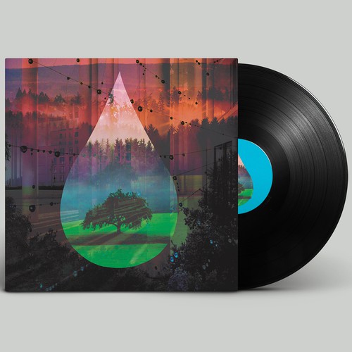 Surreal artwork with the title 'Droplets of Dual Worlds — Vinyl Cover Design'