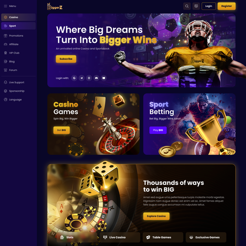 Casino website with the title 'Online Casino Homepage Design'