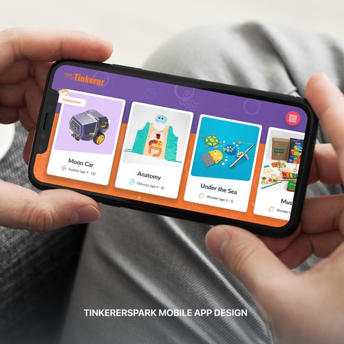 Purple and green design with the title 'TinkererSpark APP'