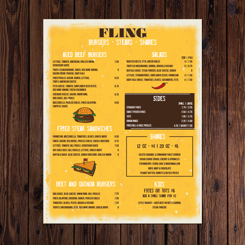 Product catalog design with the title 'Clean, modern menu design for fast casual restaurant/craft brewery '