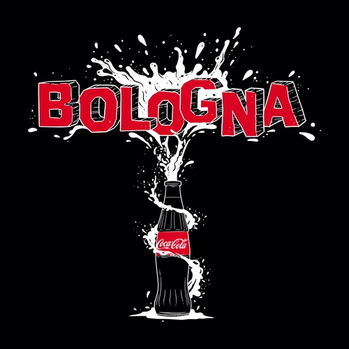 Drink design with the title 'Restaurant uniform T-shirt whit coca cola bottle and Bologna skyline'