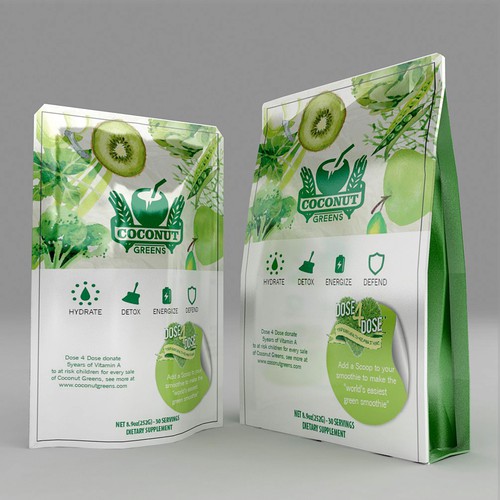 Coconut packaging with the title 'new packaging and label for Coconut Greens'