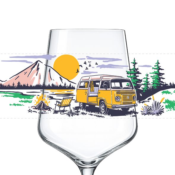 Glass artwork with the title 'Illustration for drinking glasses inspired by the Beetle or the VW Camper'