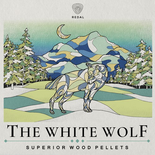 Label illustration with the title 'the wolf'