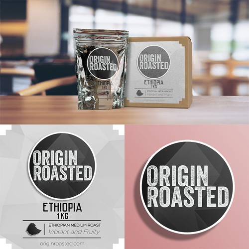 Roasted coffee packaging with the title 'Logo and Design for Ethiopian Brewed Coffee'