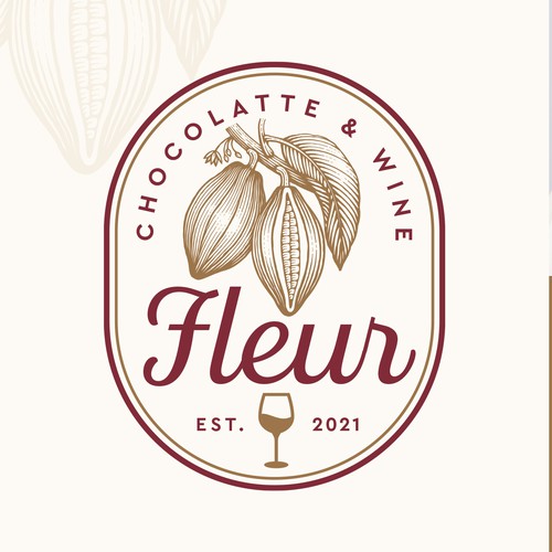 Chocolate design with the title 'Logo for Fleur Chocolatte & Wine, gifts for chocolate and wine lovers.'