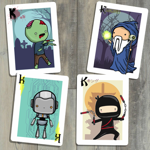 Playing card design with the title 'Super cute playing cards 🤖'