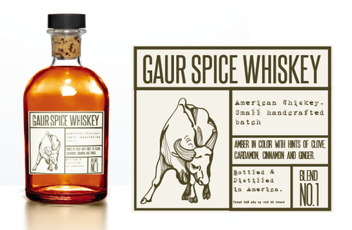 Drawing label with the title 'Whiskey label with a gaur bull'