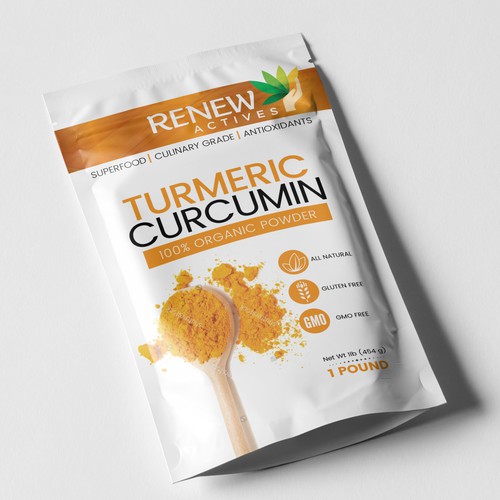 Stand-up pouch design with the title 'Packaging design for Turmeric powder'