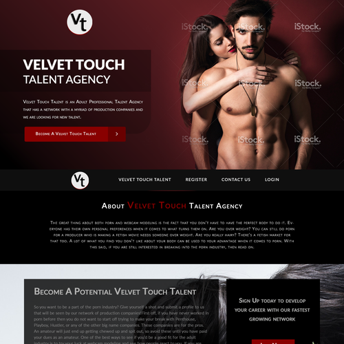 Bootstrap website with the title '$475 winning entry!! Homepage desgn for velvettouchtalent.com'
