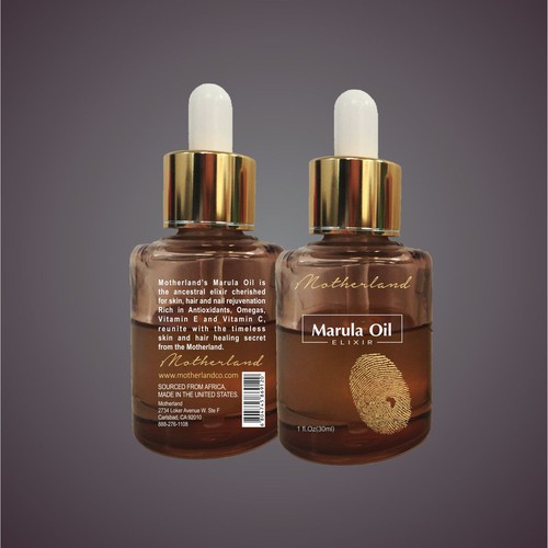 Brand label with the title 'Marula Oil Elixir'