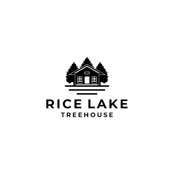 Cabin logo with the title 'Home + Lake + Pine Tree'