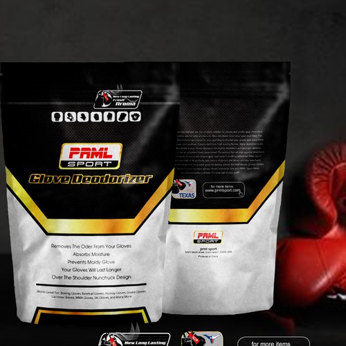 Masculine packaging with the title 'masculine & modern gloves deodorizer'