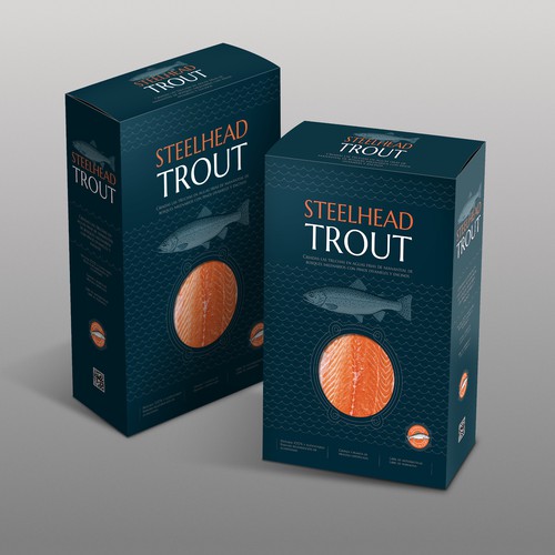 Fish packaging with the title 'https://99designs.com/product-packaging-design/contests/desarrollo-de-un-empaque-para-trucha-steelhead-premium-1204582/brief'