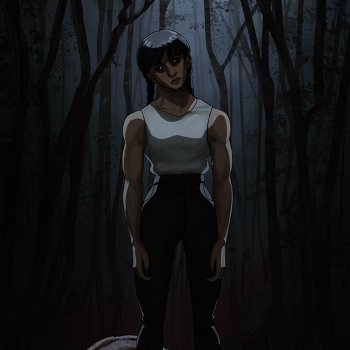 Girl artwork with the title 'intimidating female character scene in the middle of a forest'
