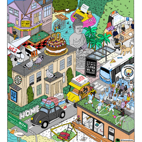 Surreal artwork with the title 'Isometric Where's Waldo style funny illustration'