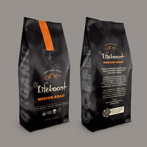 Coffee packaging with the title 'Lifeboost Coffee'
