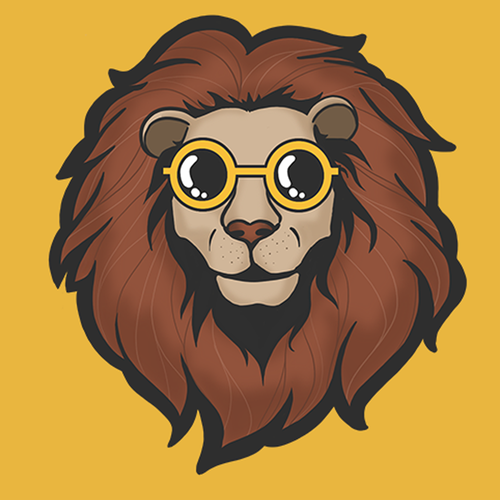 Yellow artwork with the title 'Cool Lion Mascot Design'