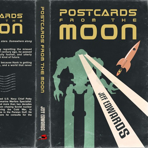 Science-fiction book cover with the title 'Postcards from the Moon'