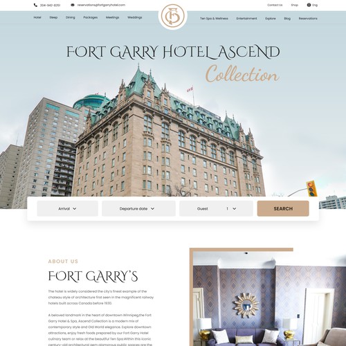 Hotel website with the title 'Design a modern website for an elegant, historical property in Winnipeg, Canada'