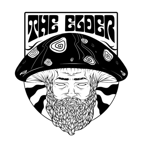 Beard illustration with the title 'Etiqueta para hongos psicodélicos'