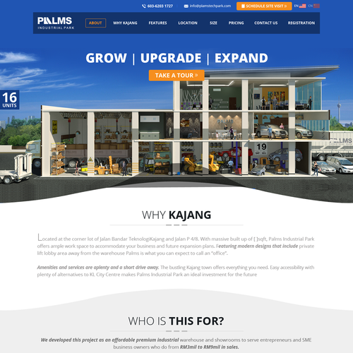 Real estate website with the title 'Palms Industrial Park'