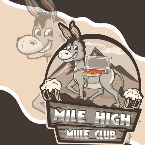 Donkey logo with the title 'Cartoon donkey transporting/carrying street music entertainment bags'