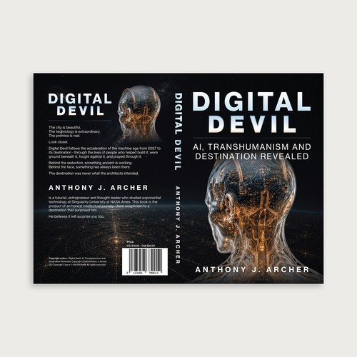 Futuristic book cover with the title 'Digital Devil - Cinematic AI Thriller Cover'