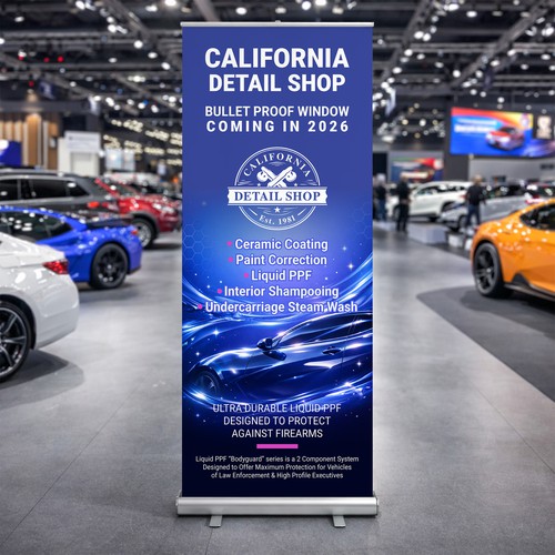 Automotive design with the title 'Modern Automotive Detailing Roll-Up Banner – Bold & Premium Look'
