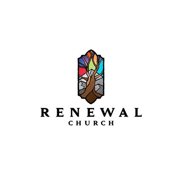 Stained glass logo with the title 'Renewal Church'