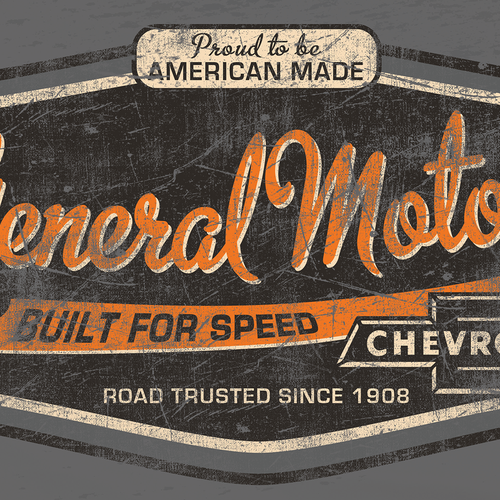 Bold t-shirt with the title 'Create a GENERAL MOTORS garage, auto shop, vintage design for a MENS TSHIRT'