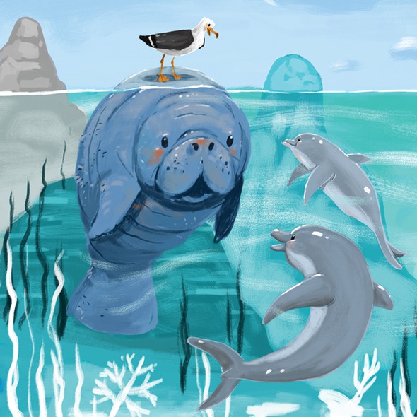 Picture book illustration with the title 'Manatee and friends'